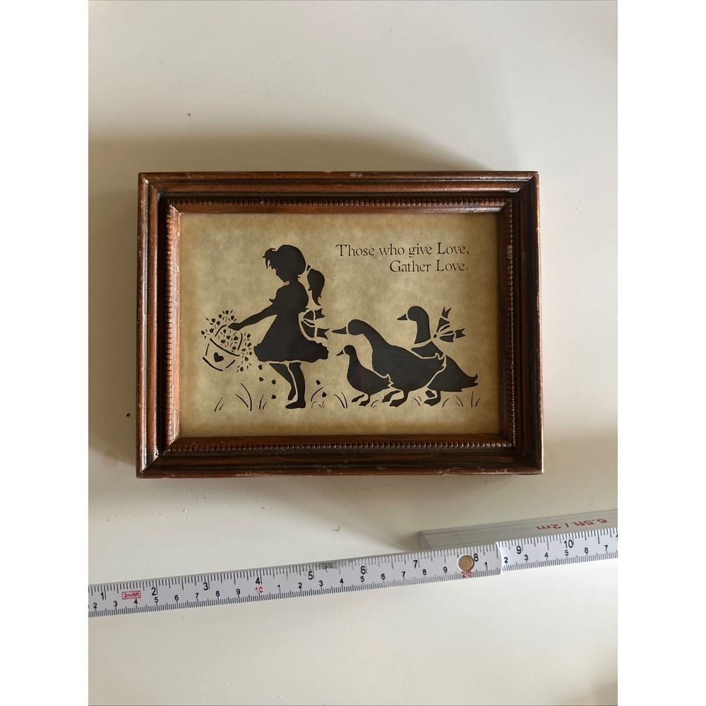 Vintage Figi Graphics Country Cuts Silhouette Art Girl Geese Wood Frame Quote - Picture 5 of 5